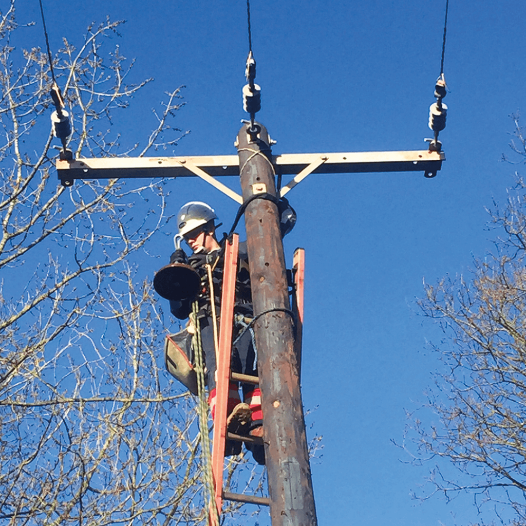 Techinal specialist working on electrical woodpole line from a ladder